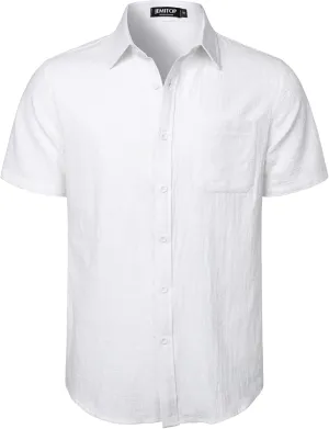 Mens Summer Cotton Linen Short Sleeve Button Down Shirt Casual Lightweight Tops with Pockets for Beach Vacation