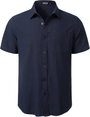 Mens Summer Cotton Linen Short Sleeve Button Down Shirt Casual Lightweight Tops with Pockets for Beach Vacation