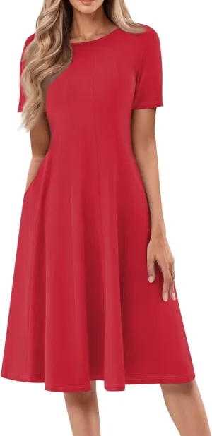Midi Dresses for Women Spring Short Sleeve Going Out Dress Peplum Crew Neck Elegant Dresses with Pockets