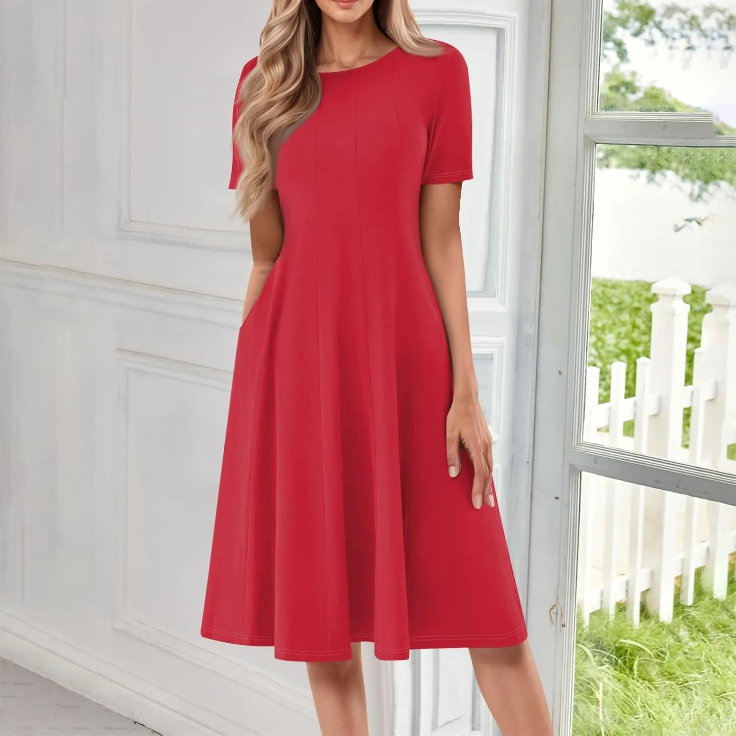 Midi Dresses for Women Spring Short Sleeve Going Out Dress Peplum Crew Neck Elegant Dresses with Pockets