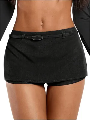 Milumia Women Belted Low Waist Fitted Mini Skorts with Built in Shorts