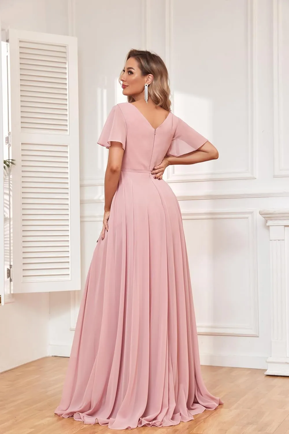 Modest Bridesmaid Dresses Short Sleeves Long Chiffon Formal Wedding Guest Gown with Pockets