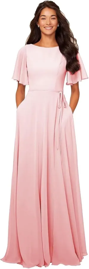 Modest Bridesmaid Dresses Short Sleeves Long Chiffon Formal Wedding Guest Gown with Pockets