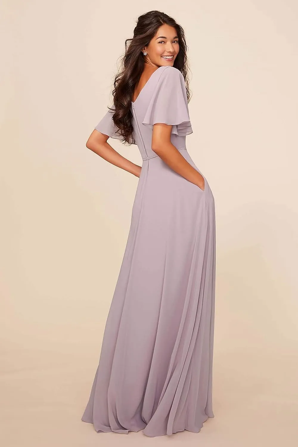 Modest Bridesmaid Dresses Short Sleeves Long Chiffon Formal Wedding Guest Gown with Pockets