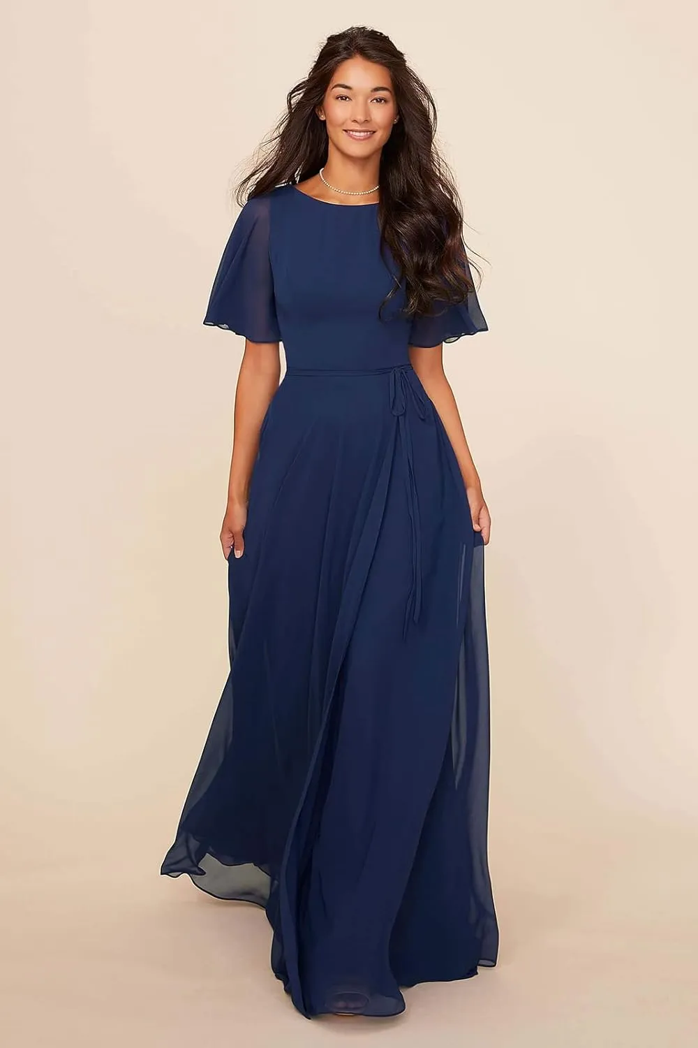Modest Bridesmaid Dresses Short Sleeves Long Chiffon Formal Wedding Guest Gown with Pockets