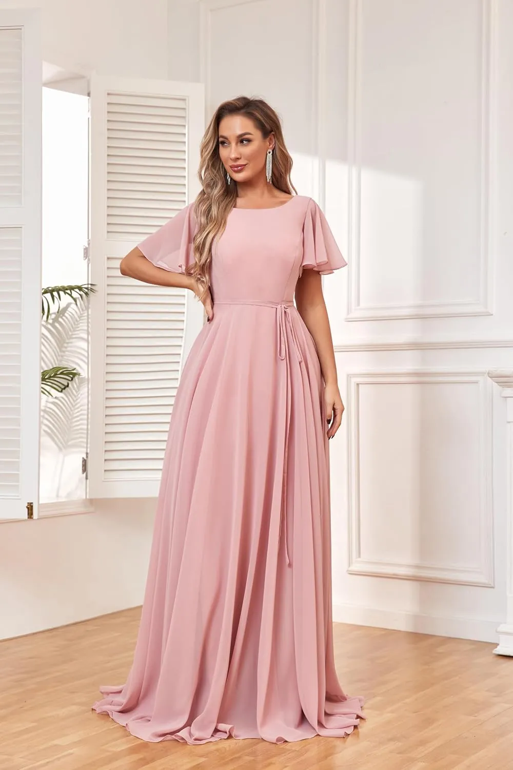 Modest Bridesmaid Dresses Short Sleeves Long Chiffon Formal Wedding Guest Gown with Pockets