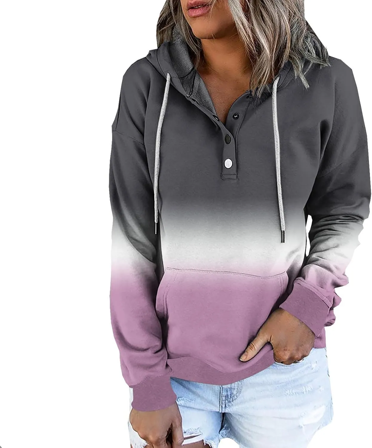 nerohusy Women Casual Button Pullover Sweatshirt V Neck Hoodies Oversized Hooded Tops with Pockets Tie Dye Long Sleeve