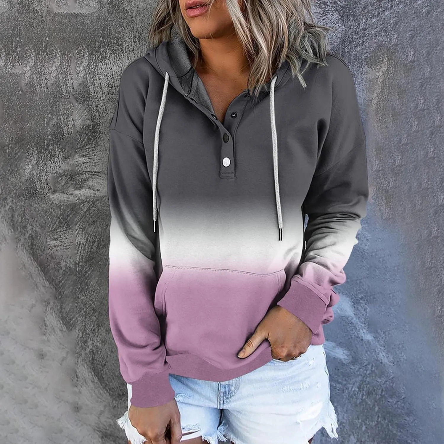 nerohusy Women Casual Button Pullover Sweatshirt V Neck Hoodies Oversized Hooded Tops with Pockets Tie Dye Long Sleeve