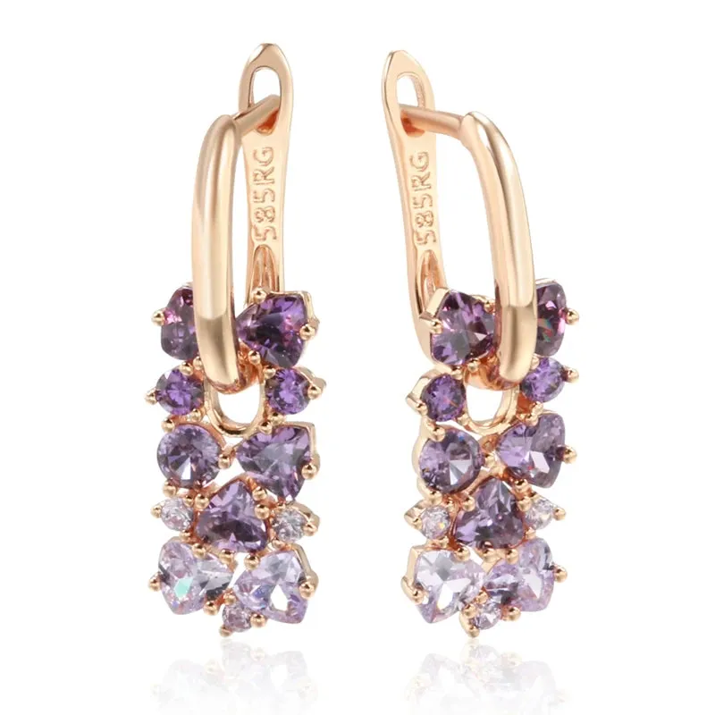 NEW Kinel Hot Shiny Purple Natural Zircon Drop Earrings For Women Trend 585 Rose Gold Color Bride Wedding Fine Jewelry Crystal Gift