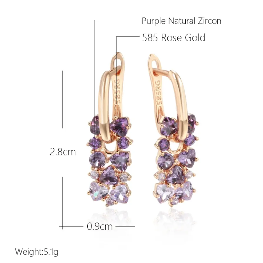 NEW Kinel Hot Shiny Purple Natural Zircon Drop Earrings For Women Trend 585 Rose Gold Color Bride Wedding Fine Jewelry Crystal Gift