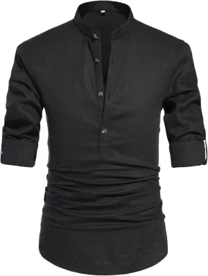 NITAGUT Men Henley Neck Long Sleeve Daily Look Linen Shirts