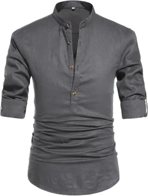 NITAGUT Men Henley Neck Long Sleeve Daily Look Linen Shirts
