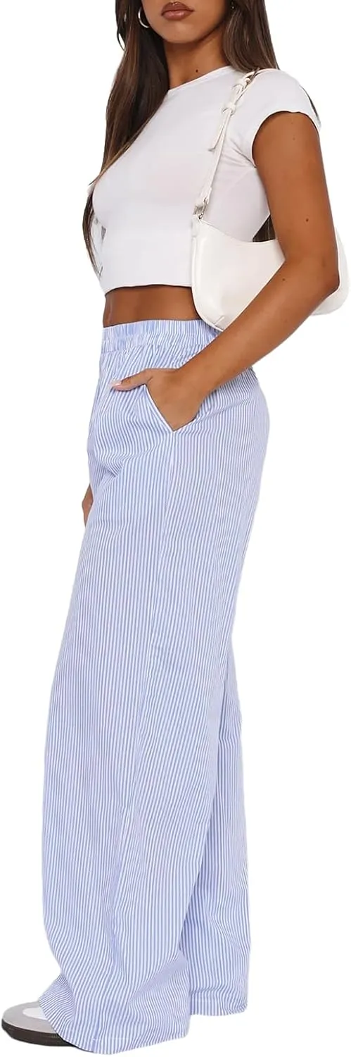 NUFIWI Women Y2k Striped Lounge Pants Wide Leg Drawstring Baggy Pajamas Pants High Waist Casual Loose Going Out Pants
