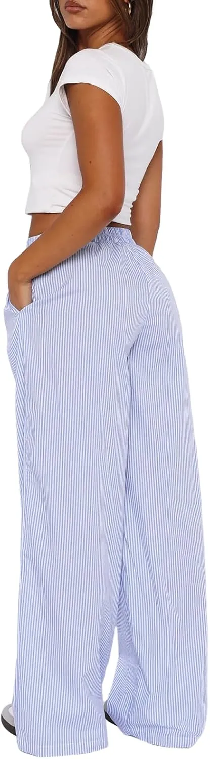 NUFIWI Women Y2k Striped Lounge Pants Wide Leg Drawstring Baggy Pajamas Pants High Waist Casual Loose Going Out Pants