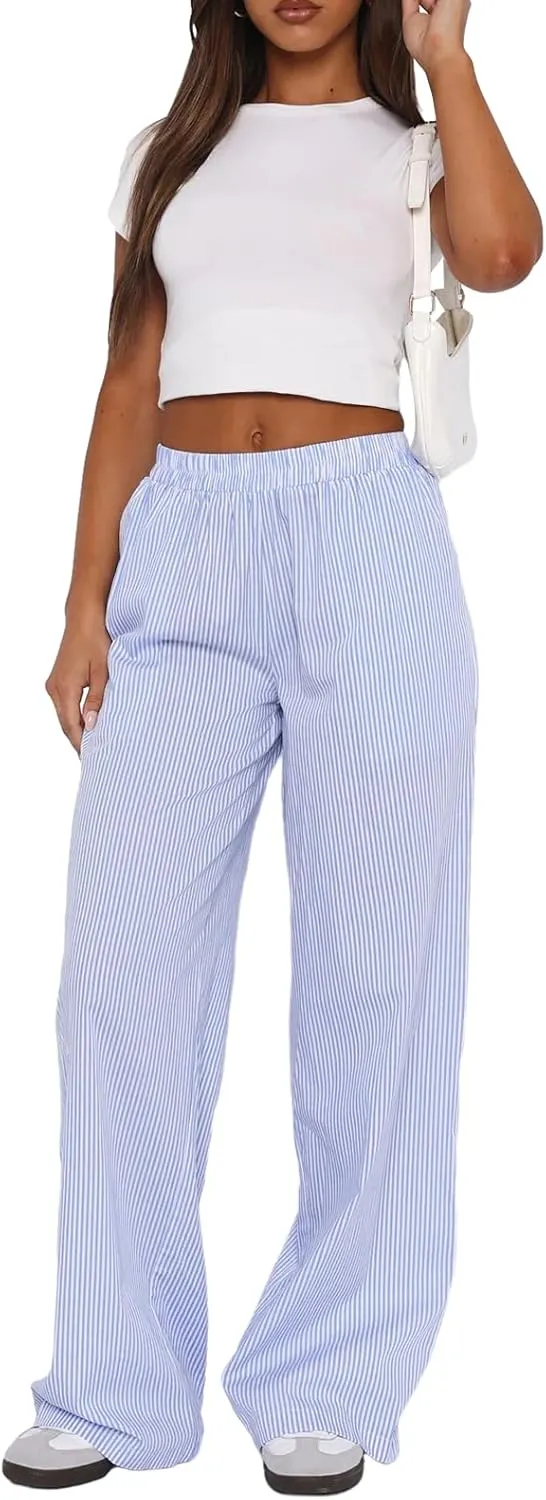 NUFIWI Women Y2k Striped Lounge Pants Wide Leg Drawstring Baggy Pajamas Pants High Waist Casual Loose Going Out Pants