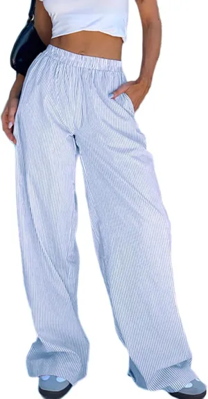 NUFIWI Women Y2k Striped Lounge Pants Wide Leg Drawstring Baggy Pajamas Pants High Waist Casual Loose Going Out Pants