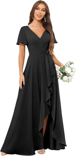 OFEYCHUN Short Sleeve Bridesmaid Dresses for Wedding with Ruffle Slit V Neck Chiffon Long Formal Dress