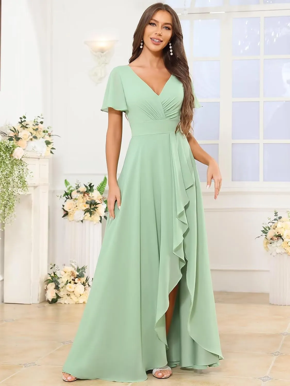 OFEYCHUN Short Sleeve Bridesmaid Dresses for Wedding with Ruffle Slit V Neck Chiffon Long Formal Dress