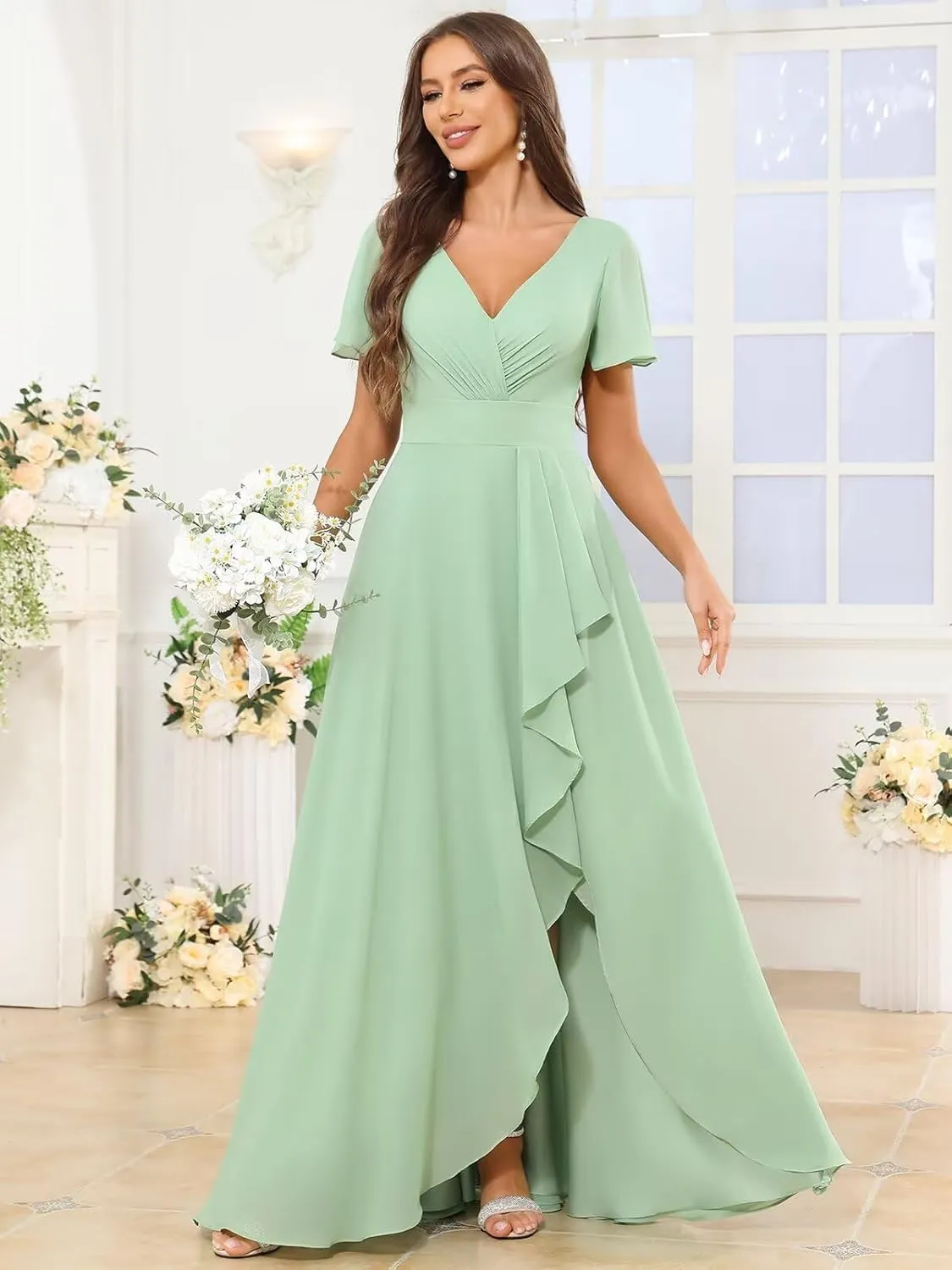 OFEYCHUN Short Sleeve Bridesmaid Dresses for Wedding with Ruffle Slit V Neck Chiffon Long Formal Dress