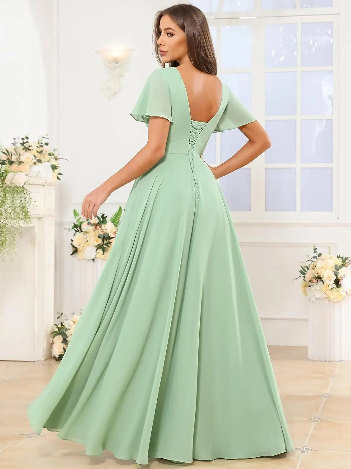 OFEYCHUN Short Sleeve Bridesmaid Dresses for Wedding with Ruffle Slit V Neck Chiffon Long Formal Dress