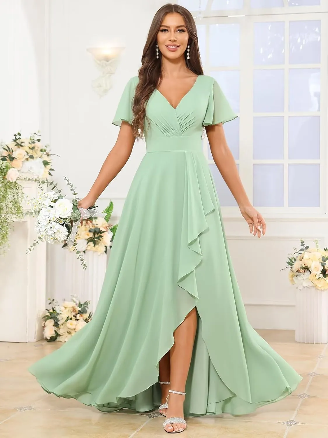 OFEYCHUN Short Sleeve Bridesmaid Dresses for Wedding with Ruffle Slit V Neck Chiffon Long Formal Dress