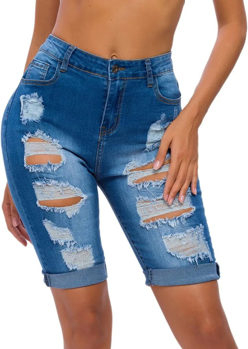 olrain Womens High Waist Ripped Hole Washed Distressed Short Jeans