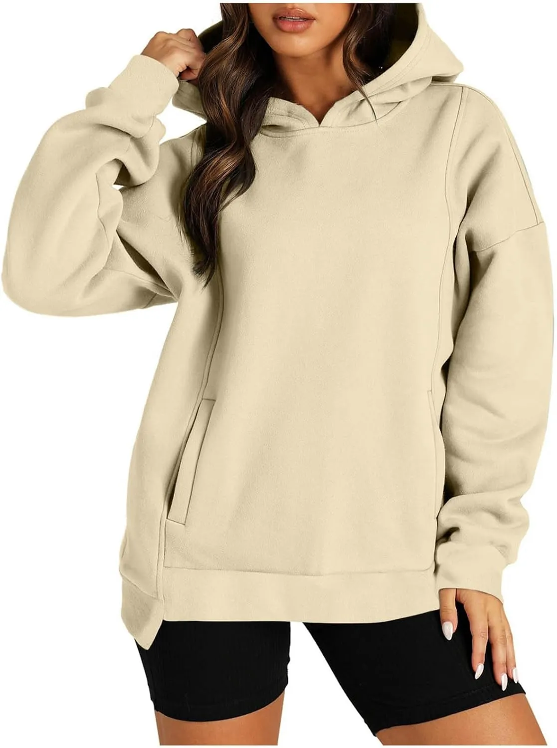 Oversized Hoodies for Women 2024 Classic Solid Loose Fit Tops Crewneck Slit Hem Pullover Fall Outfits with Pocket