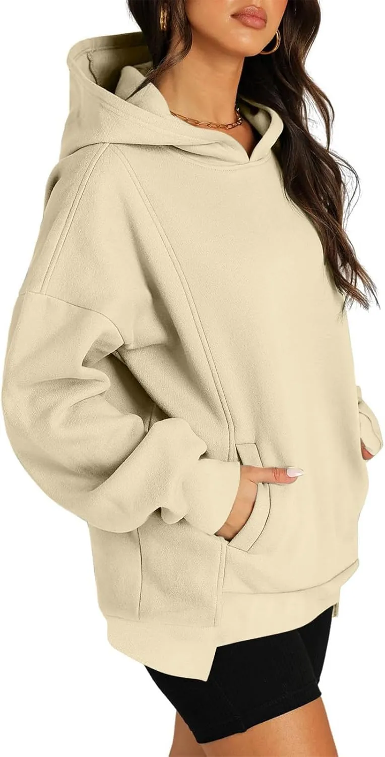 Oversized Hoodies for Women 2024 Classic Solid Loose Fit Tops Crewneck Slit Hem Pullover Fall Outfits with Pocket
