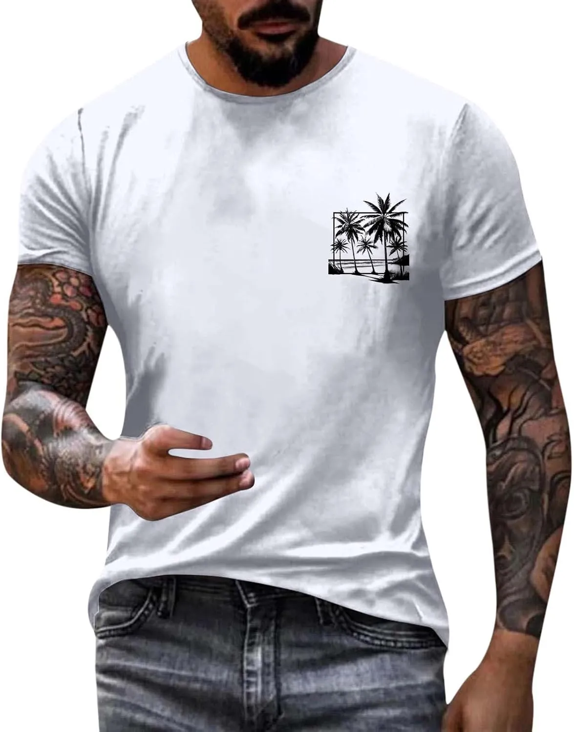 Oversized Tshirts for Men Y2K Palm Tree Letter Graphic Work Shirt Casual Crewneck Short Sleeve Breathable Tee Tops