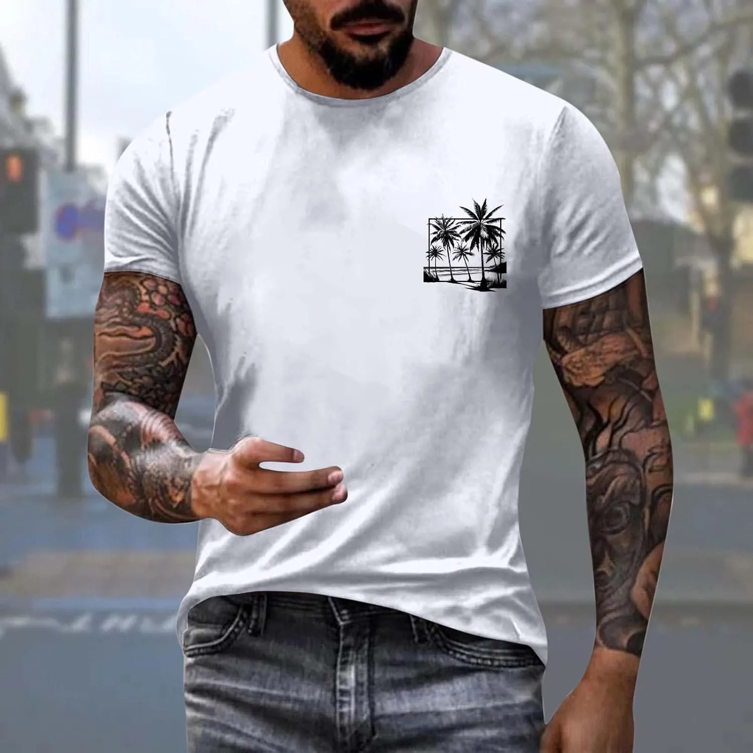 Oversized Tshirts for Men Y2K Palm Tree Letter Graphic Work Shirt Casual Crewneck Short Sleeve Breathable Tee Tops