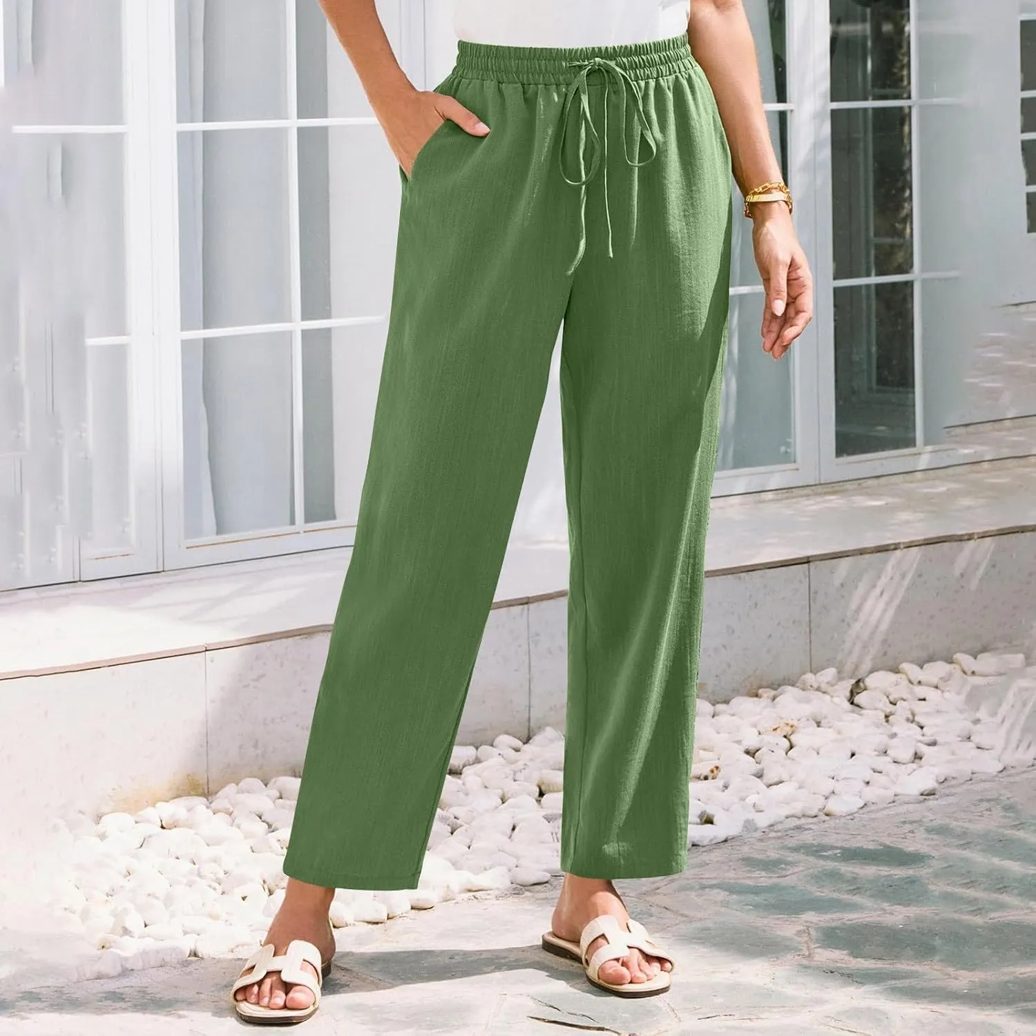 Pants for Women, Linen Peasant Pants Straight Leg Casual Breathable Women Flwoy