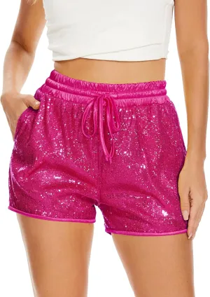 PESION Sequins Rave Shorts for Women High Waist Casual Loose A Line Hot Pants Sparkly Clubwear Night-Out