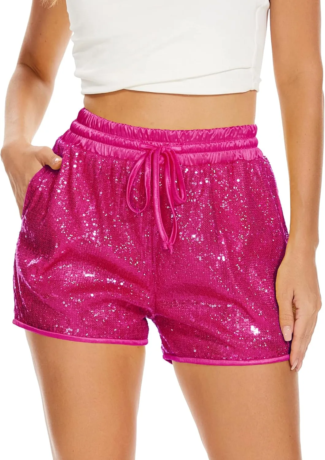 PESION Sequins Rave Shorts for Women High Waist Casual Loose A Line Hot Pants Sparkly Clubwear Night-Out