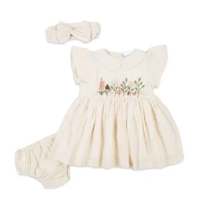 Peter Pan Collar Embroidery Dress With Bloomer & Hairband - Beige