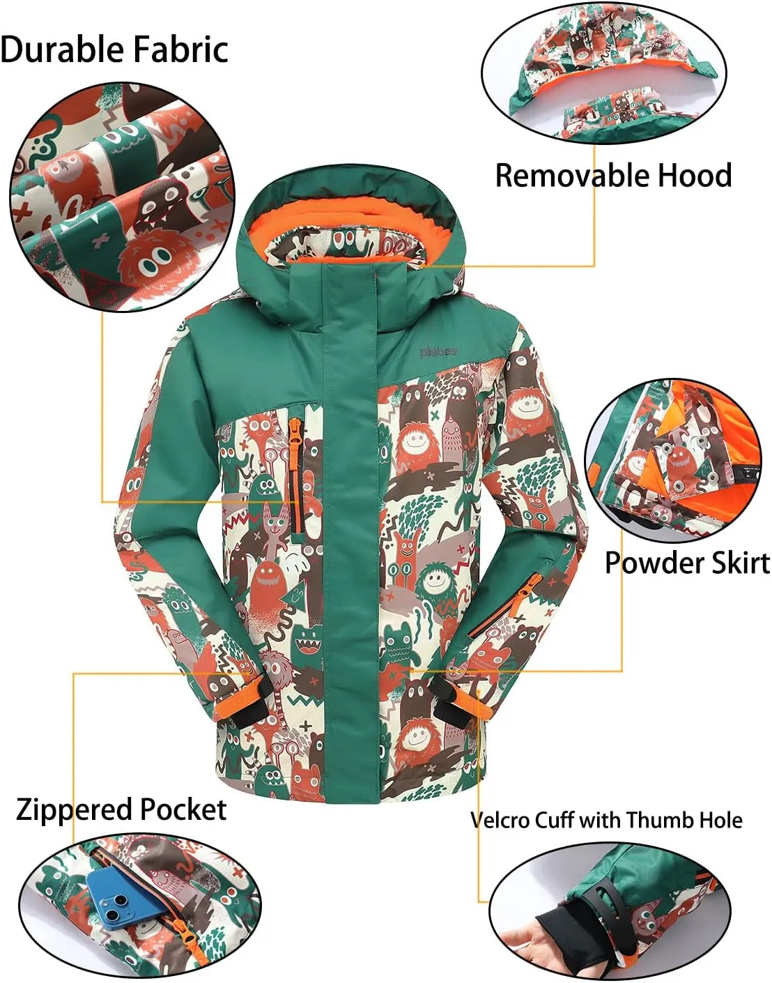 PHIBEE Big Boy's Waterproof Breathable Snowboard Ski Jacket