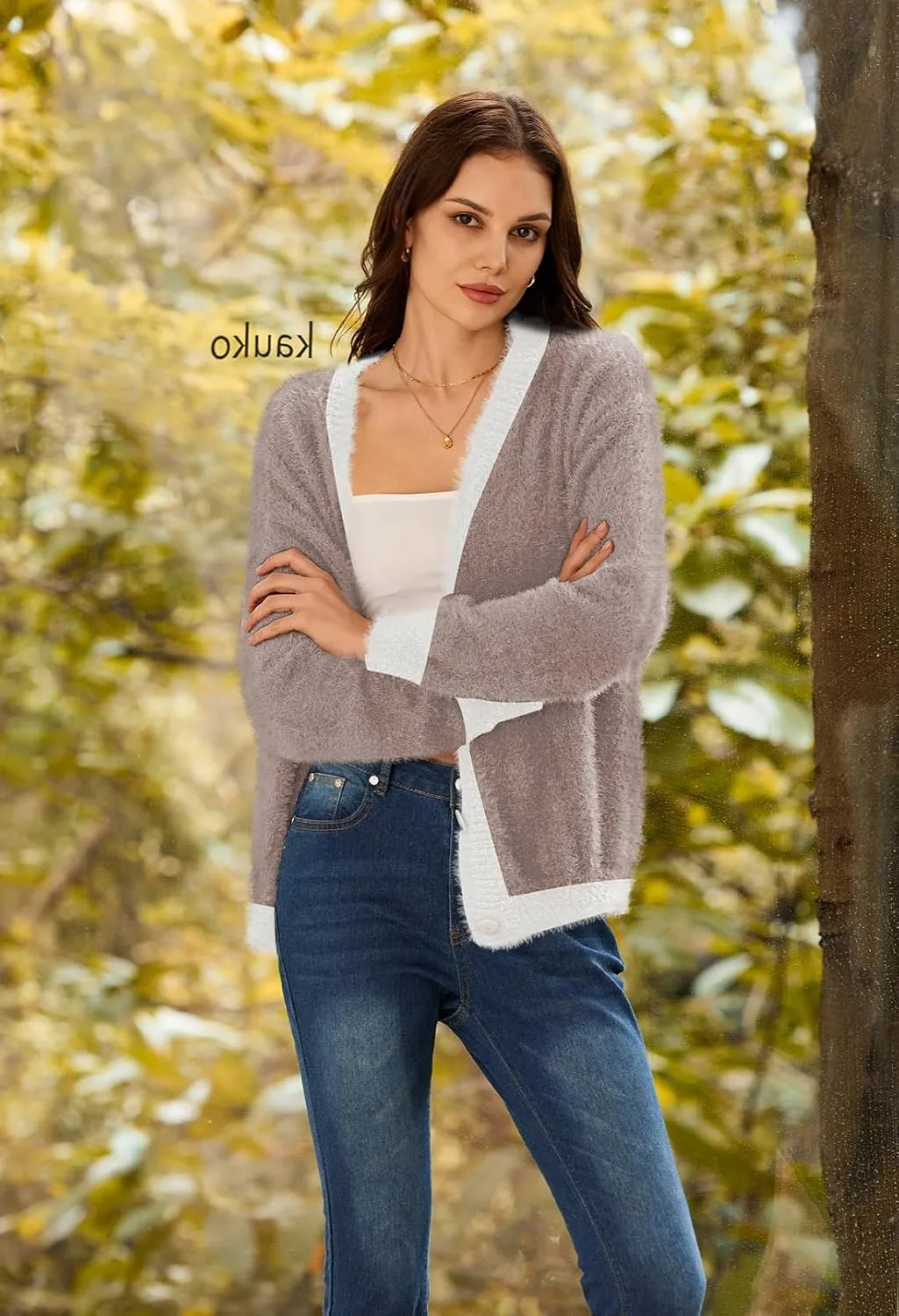Pink Queen Women's Furry Cropped Cardigan Color Block Batwing Sleeves Open Front V-Neck Button Down Knit Sweater Coat