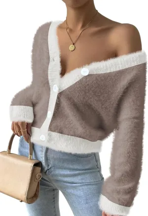 Pink Queen Women's Furry Cropped Cardigan Color Block Batwing Sleeves Open Front V-Neck Button Down Knit Sweater Coat