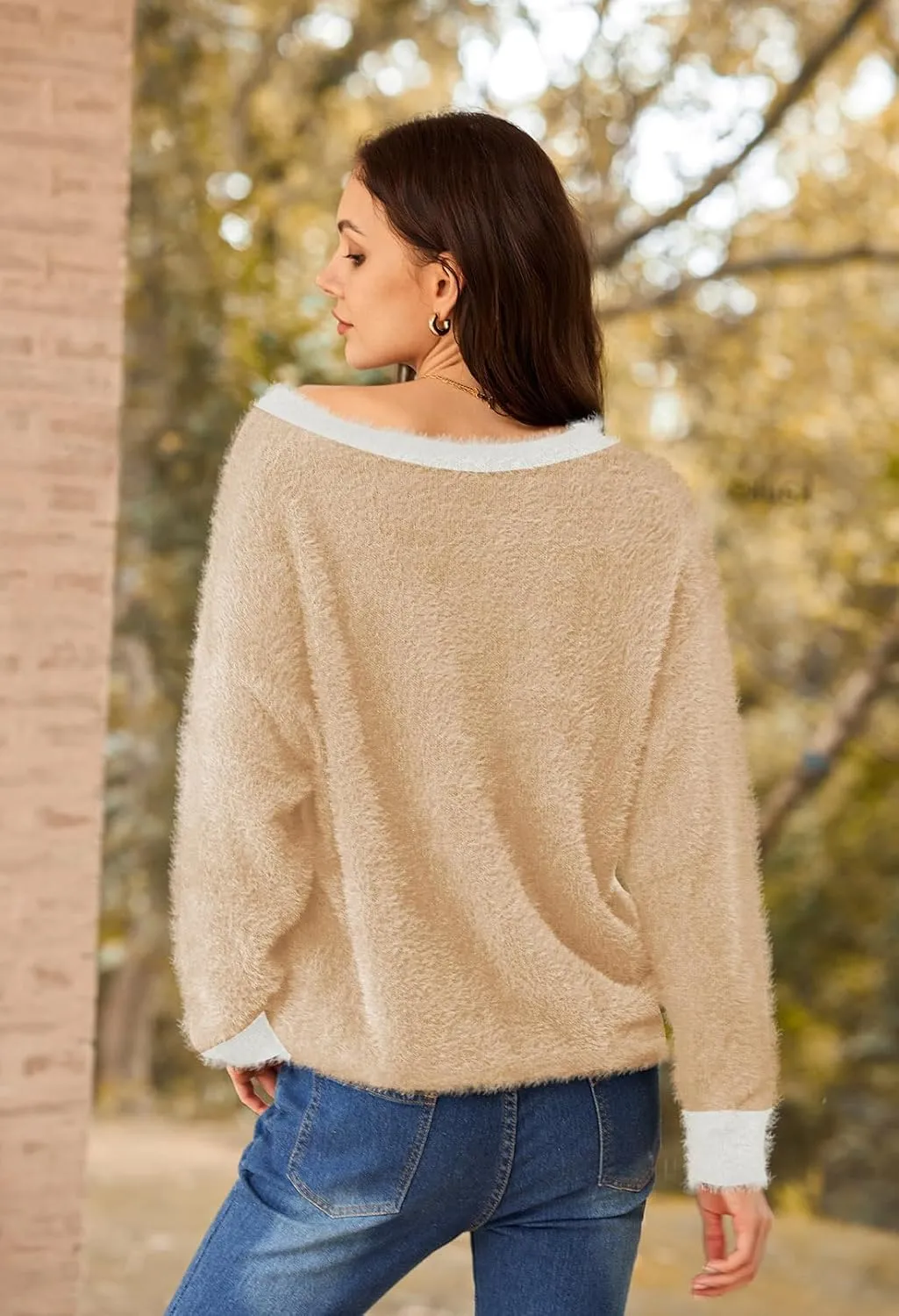 Pink Queen Women's Furry Cropped Cardigan Color Block Batwing Sleeves Open Front V-Neck Button Down Knit Sweater Coat