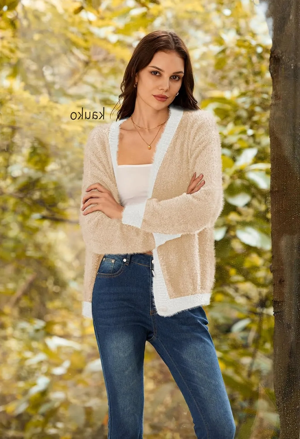 Pink Queen Women's Furry Cropped Cardigan Color Block Batwing Sleeves Open Front V-Neck Button Down Knit Sweater Coat