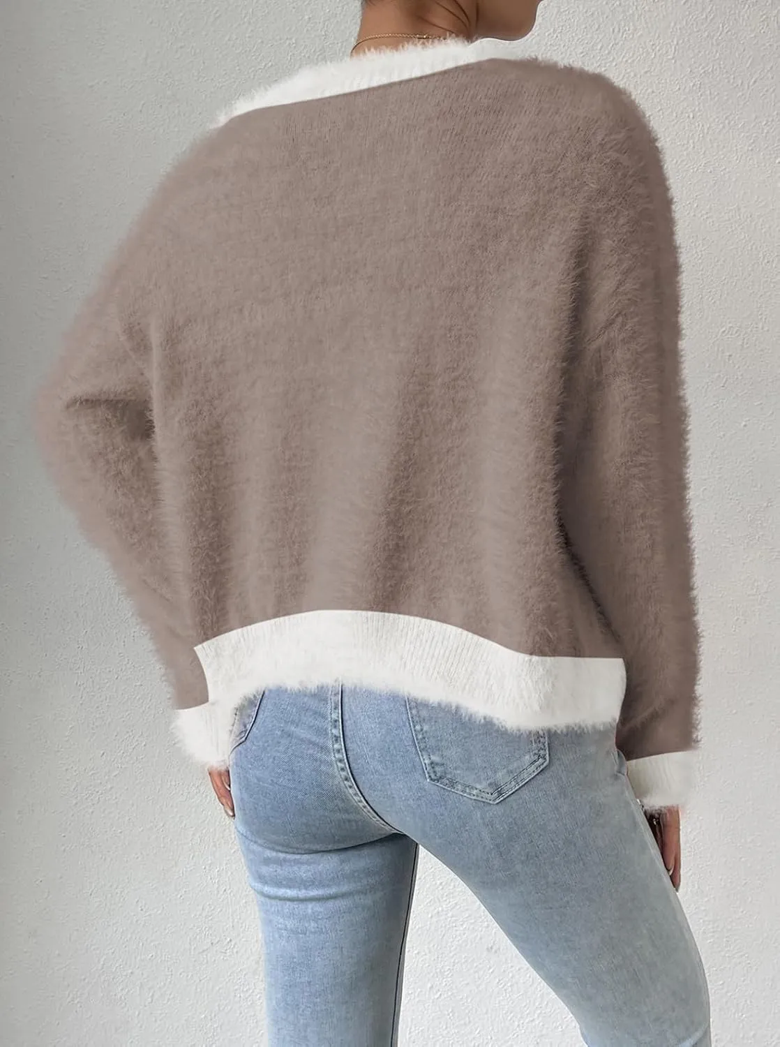 Pink Queen Women's Furry Cropped Cardigan Color Block Batwing Sleeves Open Front V-Neck Button Down Knit Sweater Coat