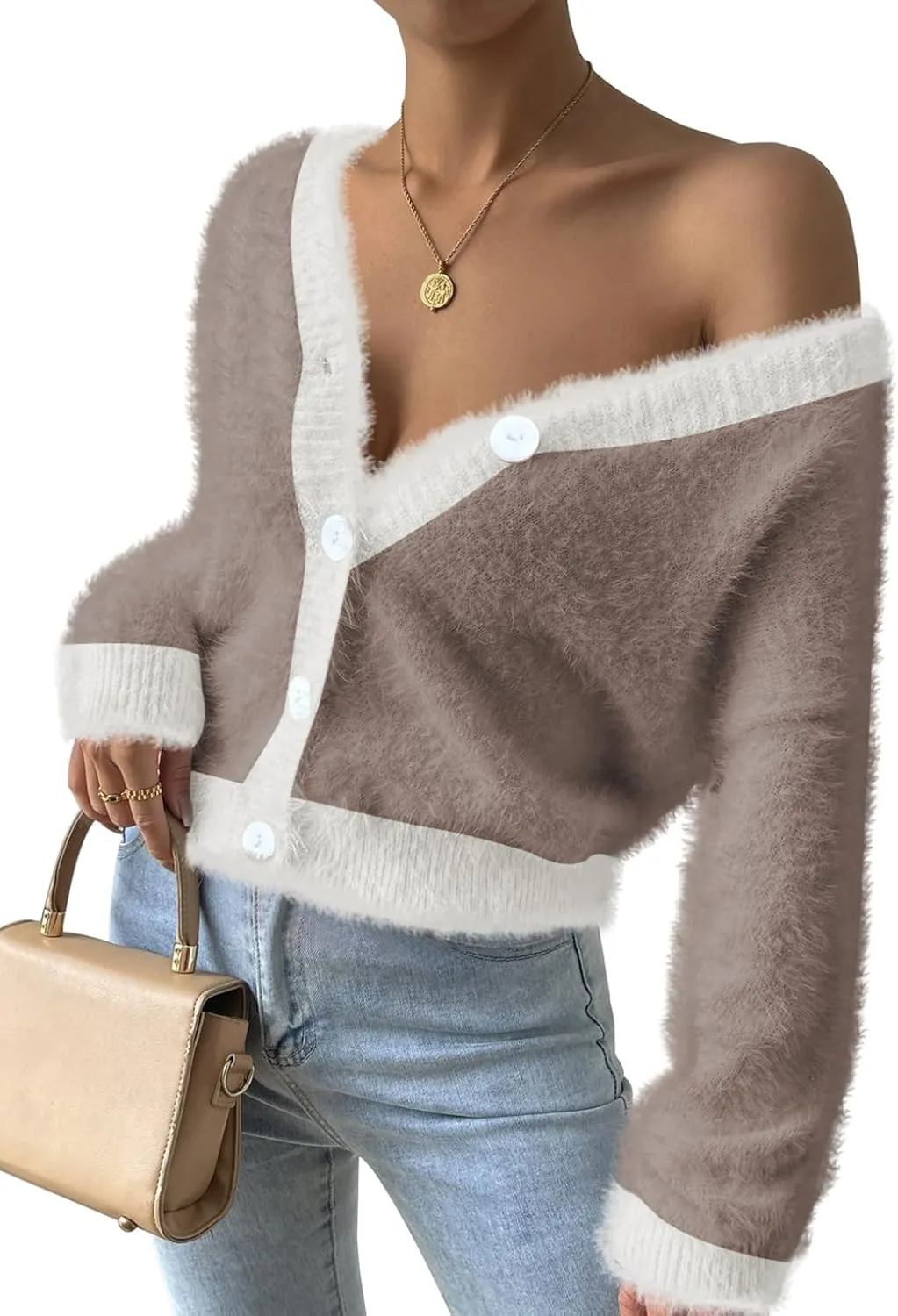 Pink Queen Women's Furry Cropped Cardigan Color Block Batwing Sleeves Open Front V-Neck Button Down Knit Sweater Coat