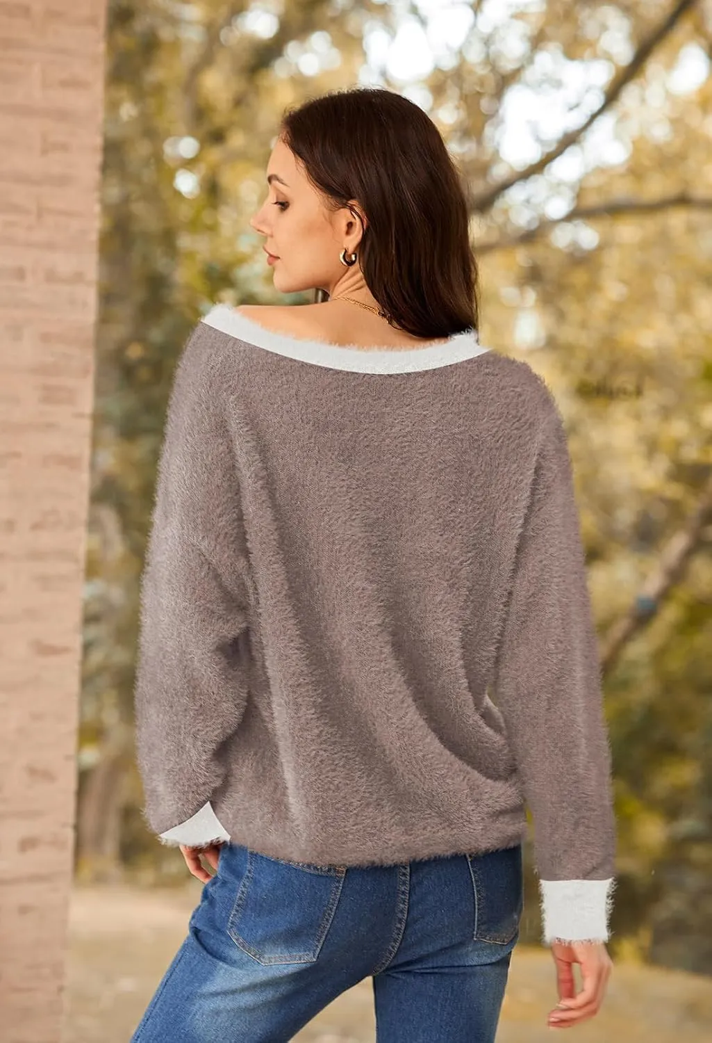 Pink Queen Women's Furry Cropped Cardigan Color Block Batwing Sleeves Open Front V-Neck Button Down Knit Sweater Coat