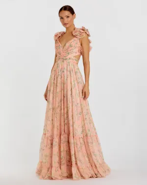 Pink Ruffle Tiered Floral Cut-Out Chiffon Gown