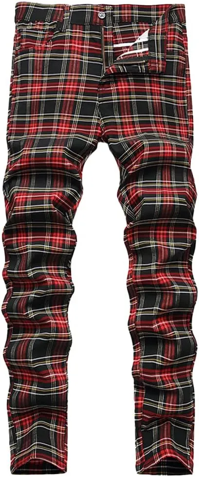 Plaid Panst for Men Skinny Men's Dress Pants Slim Fit Business Casual Chinos Pants RY1