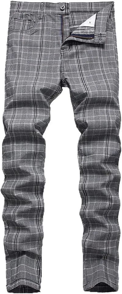 Plaid Panst for Men Skinny Men's Dress Pants Slim Fit Business Casual Chinos Pants RY1