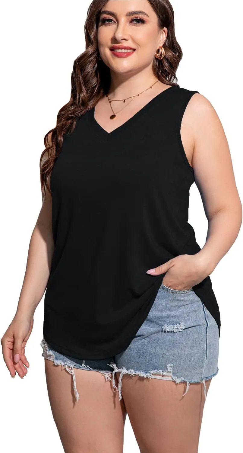 Plus Size Sleeveless Tops Women Casual Summer Sleeveless Loose Fit V Neck Ladies Basic Tshirt