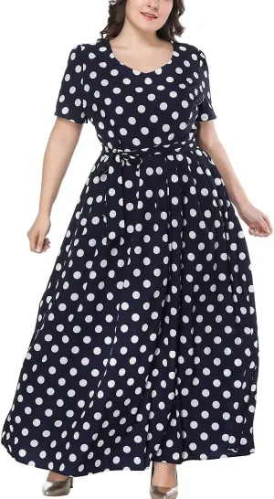 Plus Size Womens Polka Dot Dresses Short Sleeves Swing Midi Dress With Belt