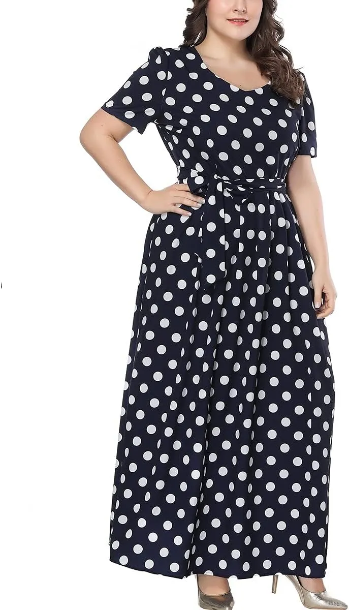 Plus Size Womens Polka Dot Dresses Short Sleeves Swing Midi Dress With Belt