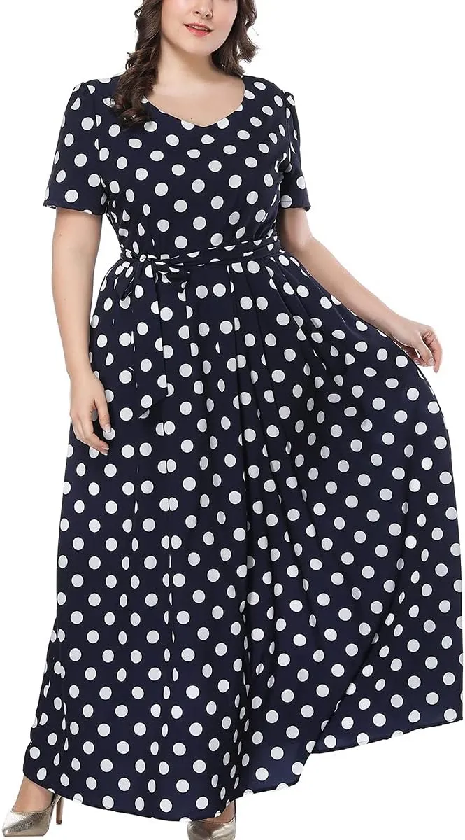 Plus Size Womens Polka Dot Dresses Short Sleeves Swing Midi Dress With Belt
