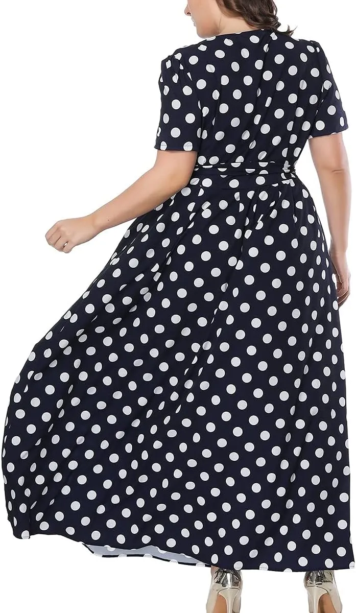 Plus Size Womens Polka Dot Dresses Short Sleeves Swing Midi Dress With Belt